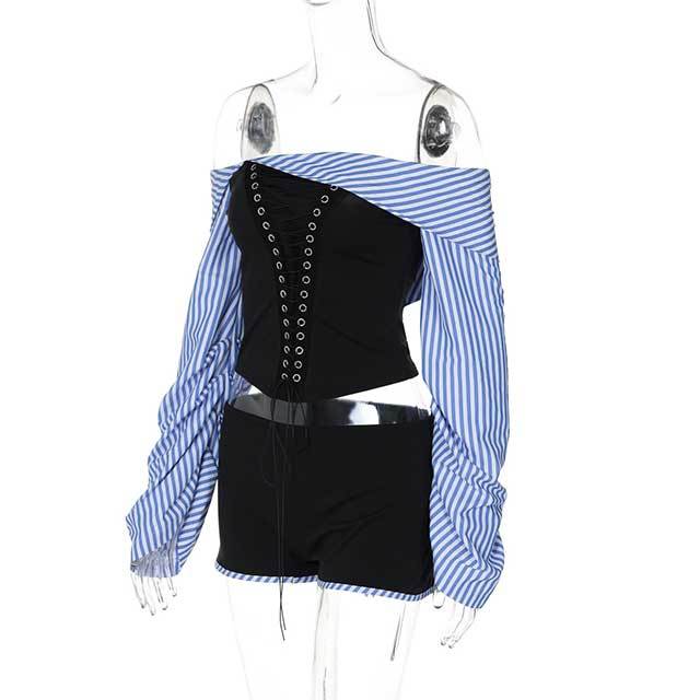 Off Shoulder Laced Up Blouse Top Mini Short Set
