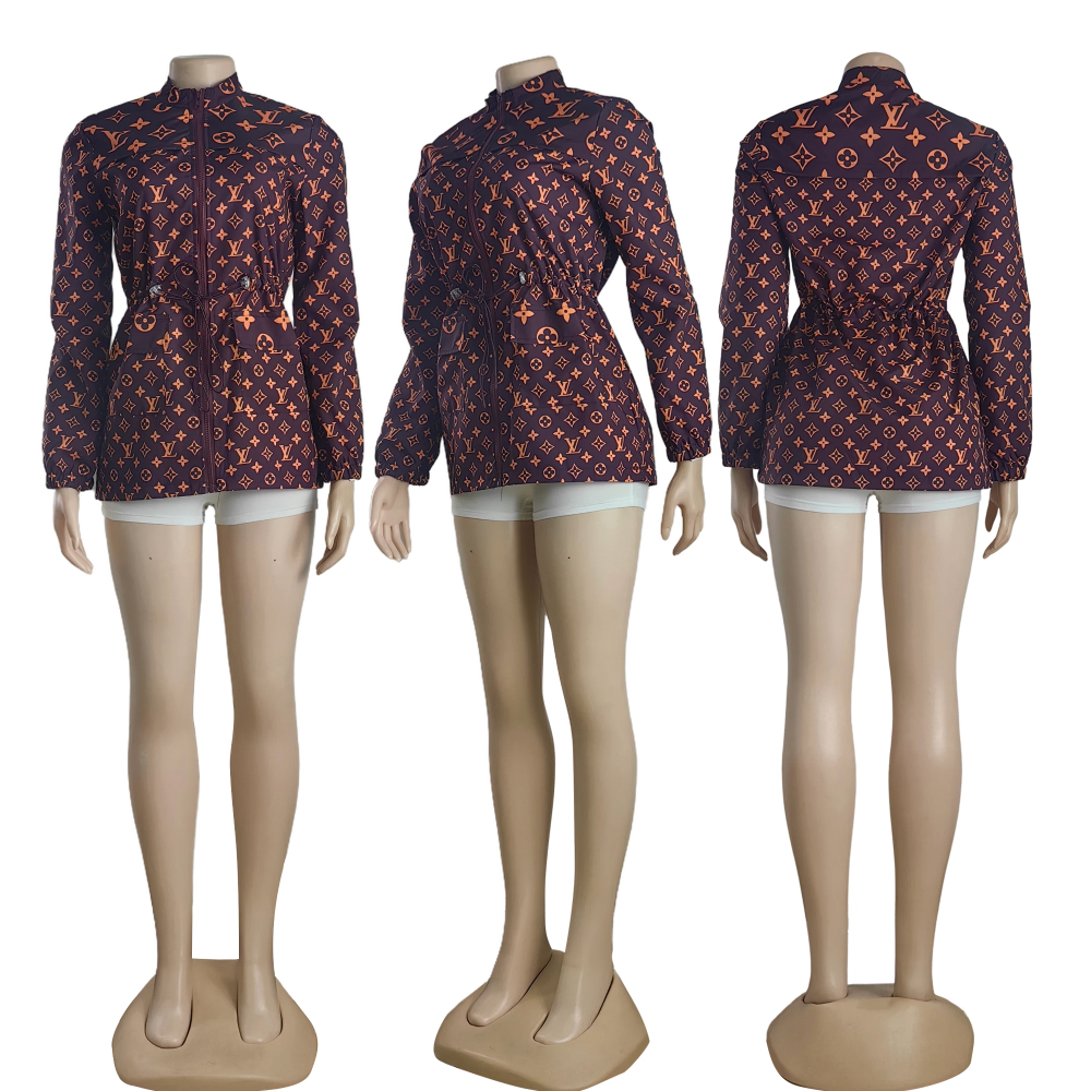 Printed Zipper Long Sleeve Windbreaker Coat