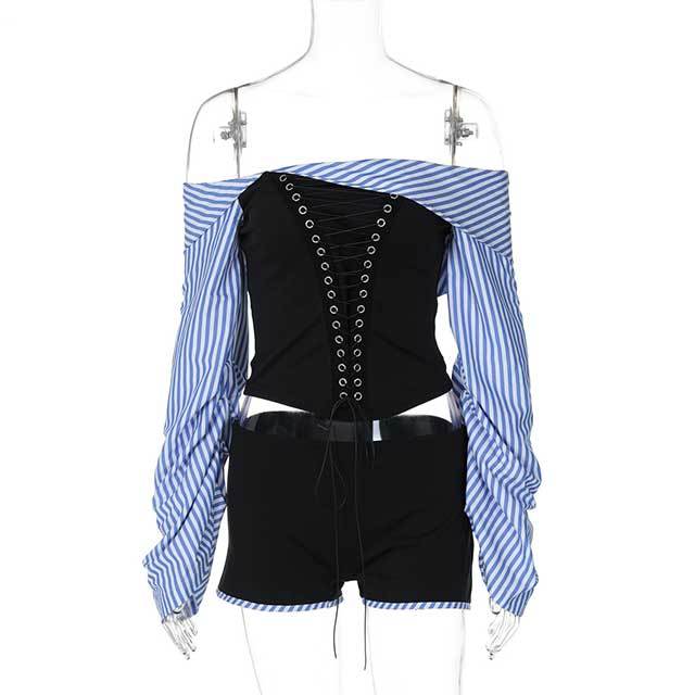 Off Shoulder Laced Up Blouse Top Mini Short Set