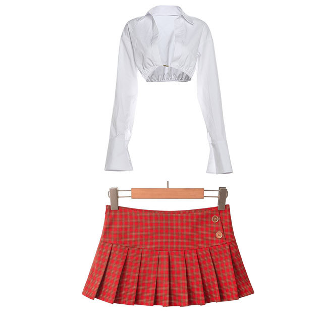 Bell Sleeve Crop Shirt Plaid Pleated Mini Skirt Set