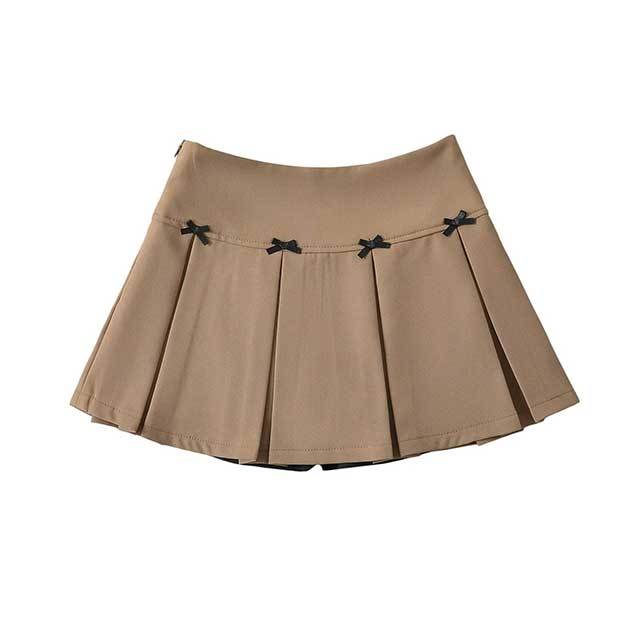 High-waisted Pleated Skirt with Bow Decoration