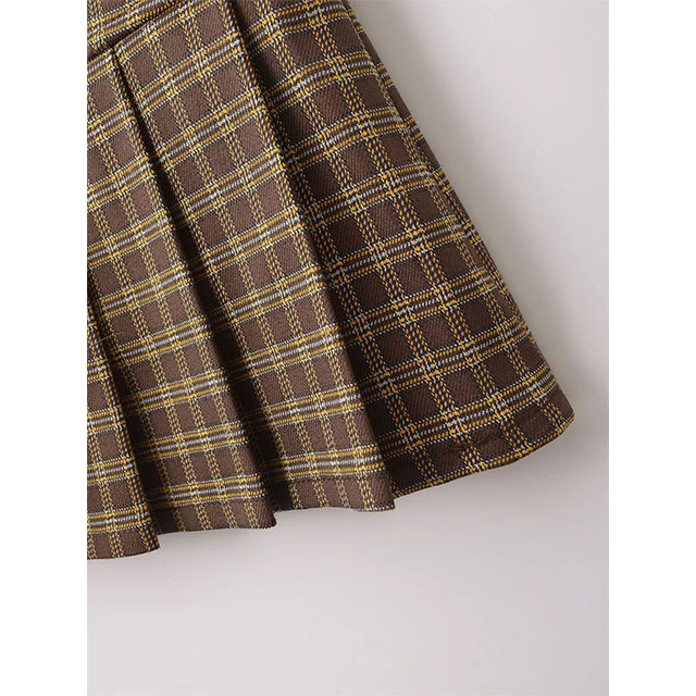 Bell Sleeve Crop Shirt Plaid Pleated Mini Skirt Set