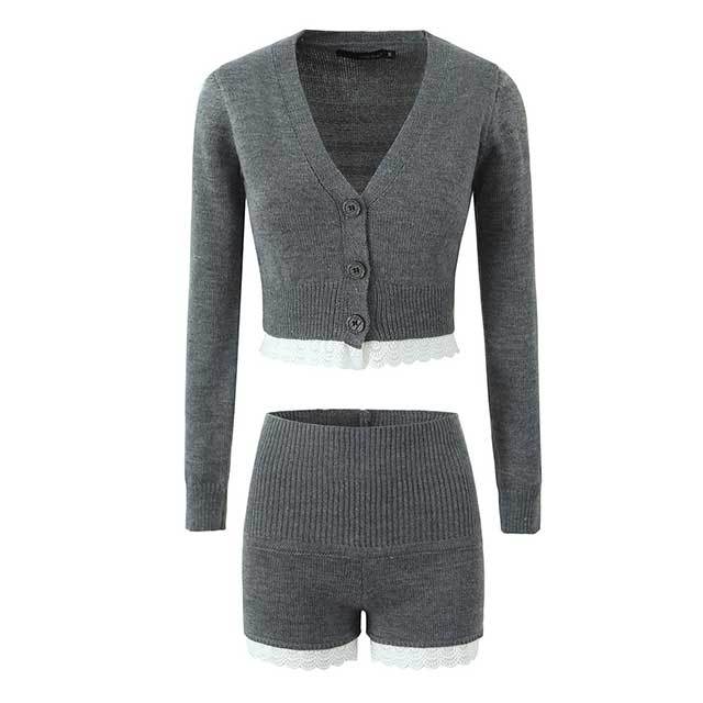 Lace Splicing Slim Fit Long-sleeve Knitted Cardigan Short Set