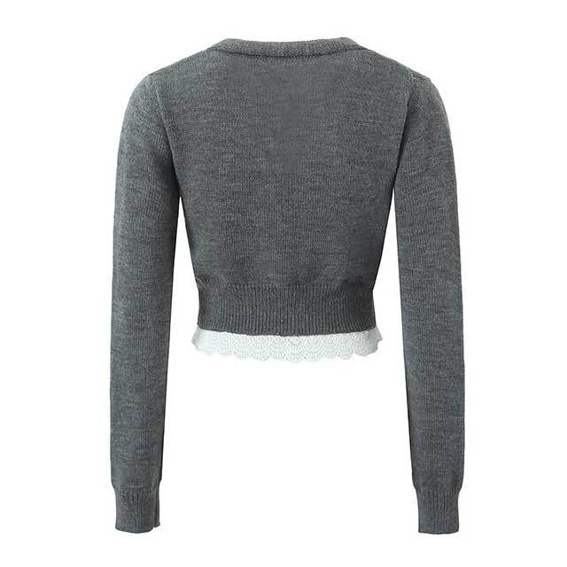 Lace Splicing Slim Fit Long-sleeve Knitted Cardigan Short Set