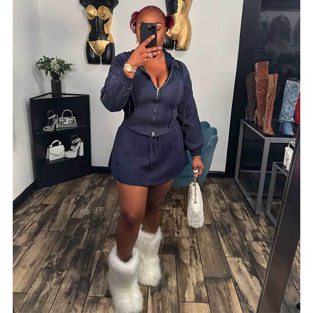 Posh Hooded Jacket Top Skirt Set