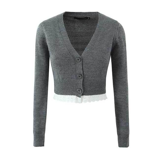Lace Splicing Slim Fit Long-sleeve Knitted Cardigan Short Set
