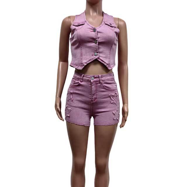 Embroidery Denim Vest Top Short Set