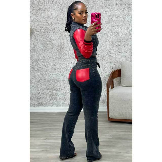 Leather Spliced Denim Jacket Top Jeans Set
