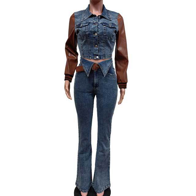 Leather Spliced Denim Jacket Top Jeans Set