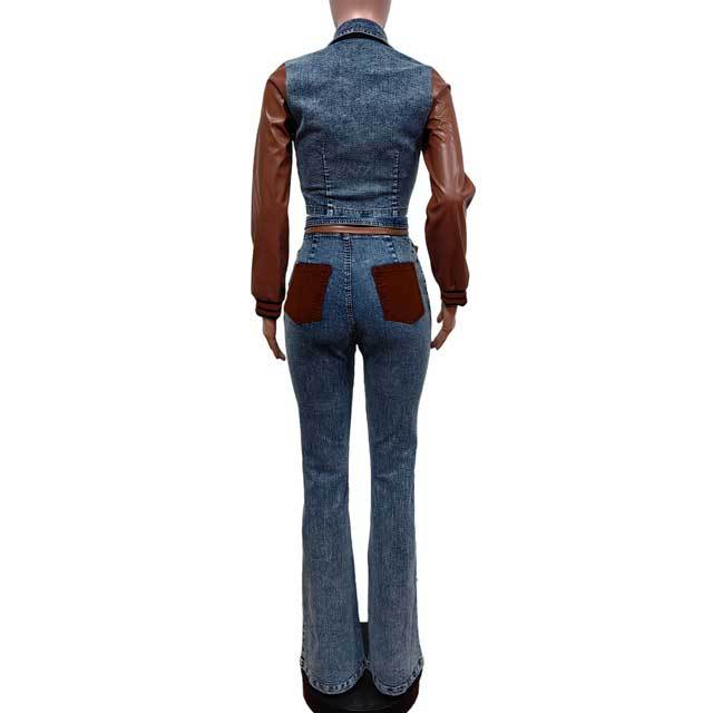 Leather Spliced Denim Jacket Top Jeans Set