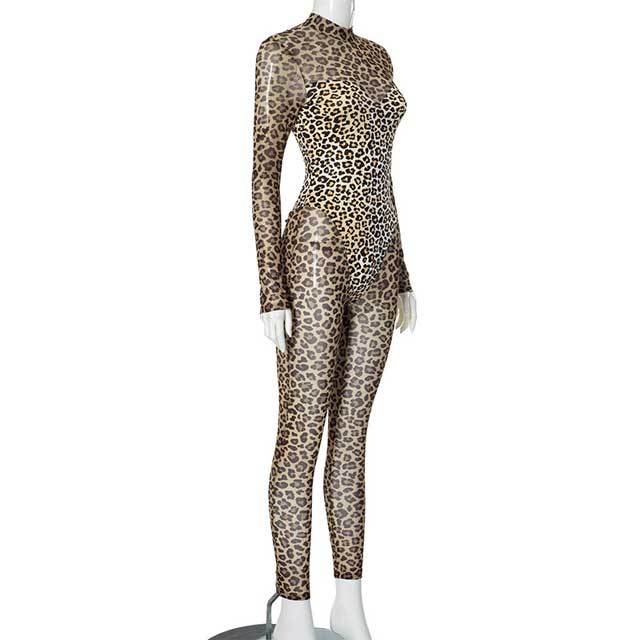 Leopard Print Lace-Up Mesh Jumpsuit