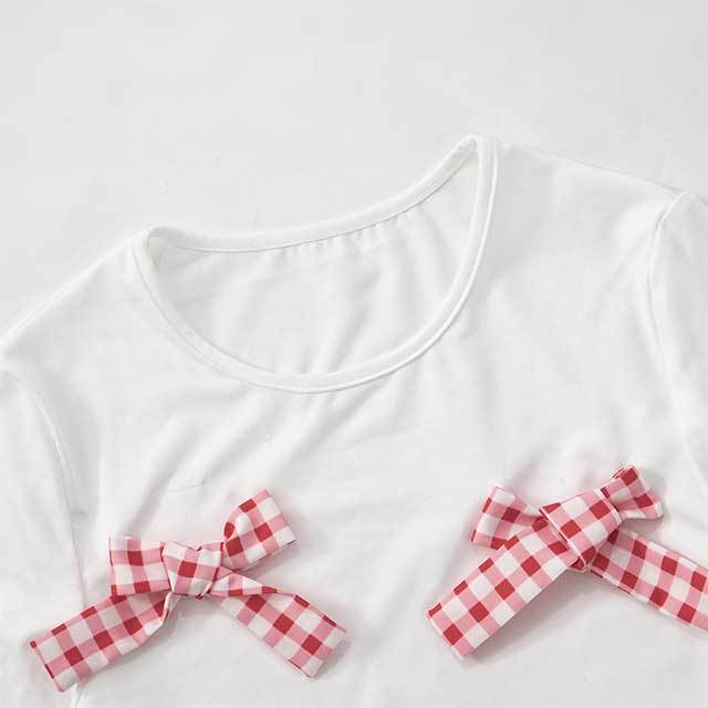 Plaid Bow Decorated Top Bud Skirt Set