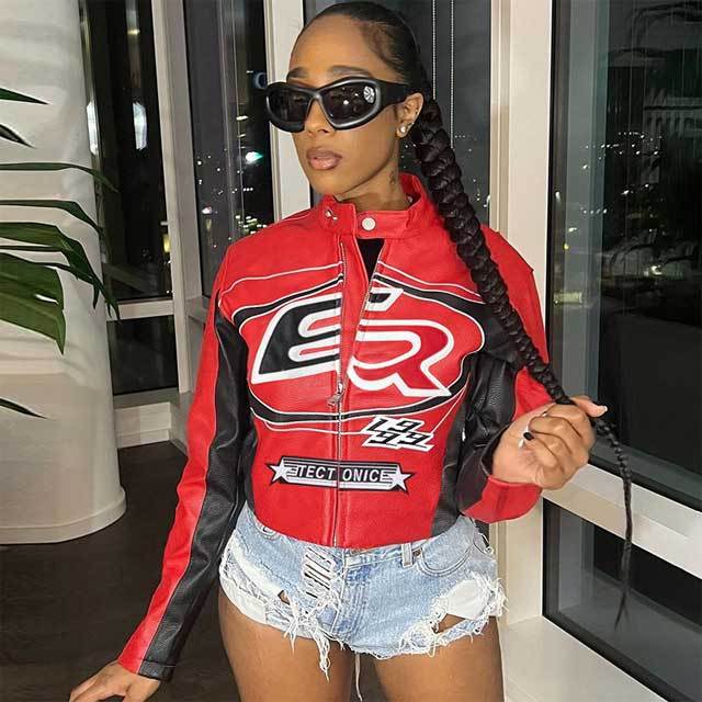 Embroidery Color Block Leather Punk Jacket
