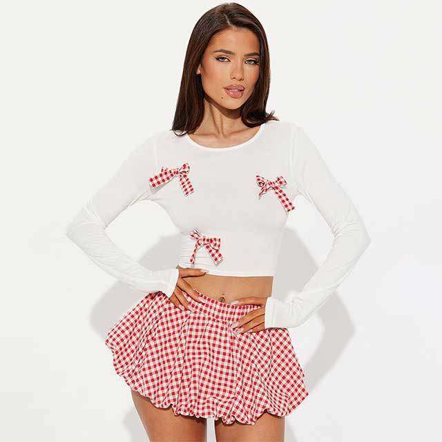 Plaid Bow Decorated Top Bud Skirt Set
