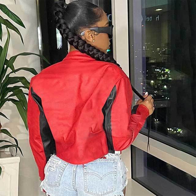 Embroidery Color Block Leather Punk Jacket