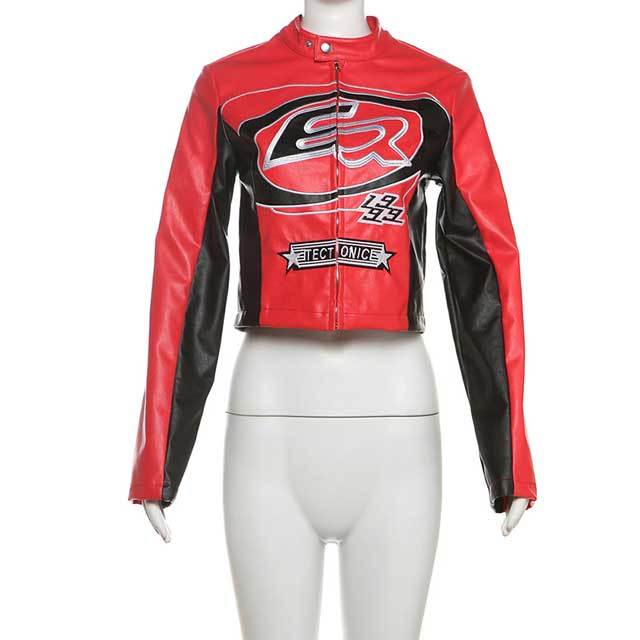 Embroidery Color Block Leather Punk Jacket