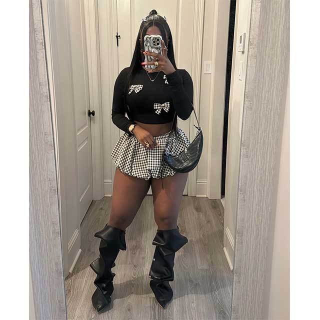 Plaid Bow Decorated Top Bud Skirt Set