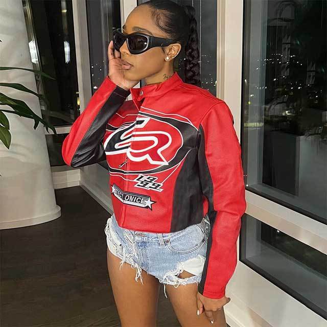 Embroidery Color Block Leather Punk Jacket