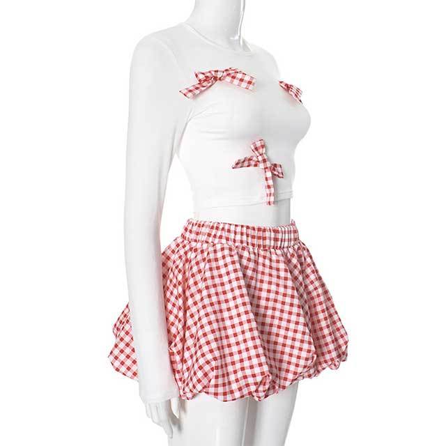 Plaid Bow Decorated Top Bud Skirt Set