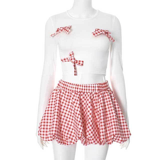 Plaid Bow Decorated Top Bud Skirt Set
