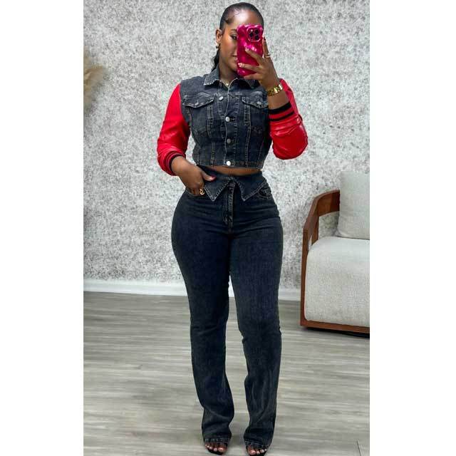 Leather Spliced Denim Jacket Top Jeans Set