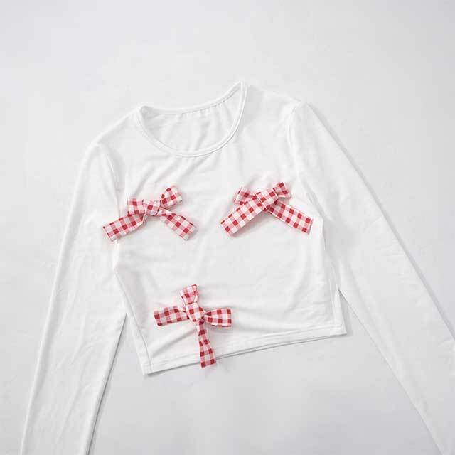 Plaid Bow Decorated Top Bud Skirt Set