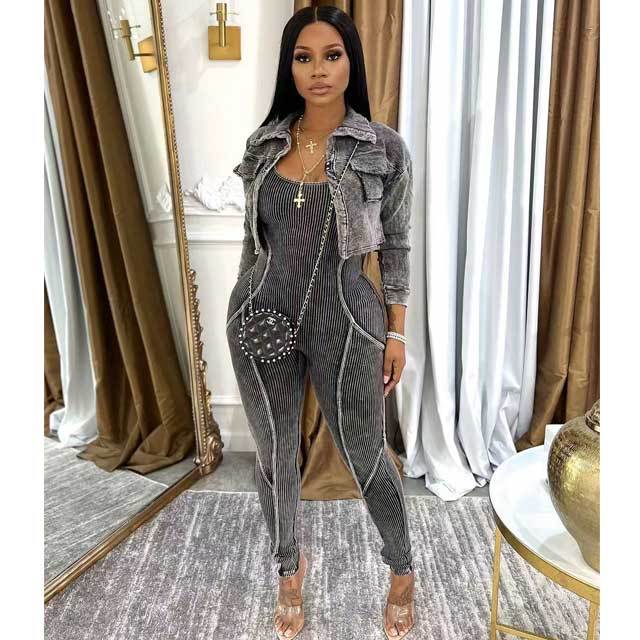 Washed Distressed Jumpsuit Set
