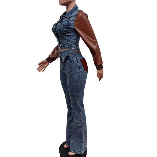 Leather Spliced Denim Jacket Top Jeans Set