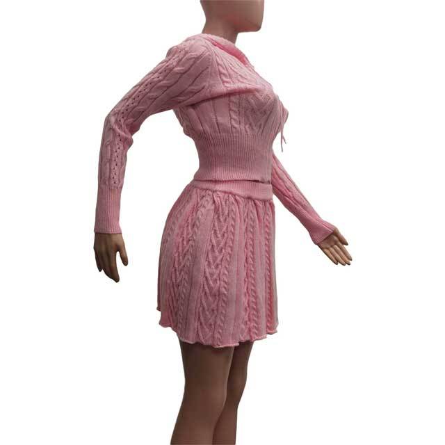 Knit Hooded Jacket Top Pleated Skirt Set