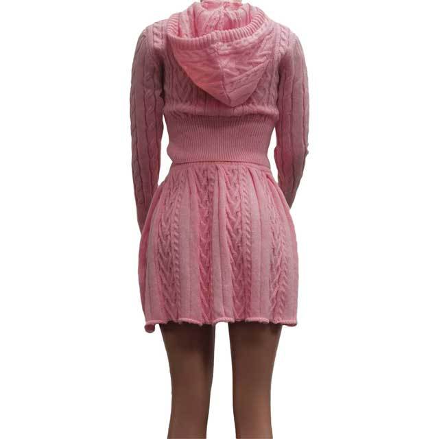 Knit Hooded Jacket Top Pleated Skirt Set