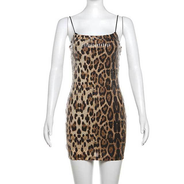 Sequined Leopard Print Suspender Dress