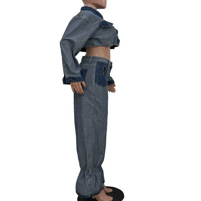 Color Block Denim Bell Pants Set