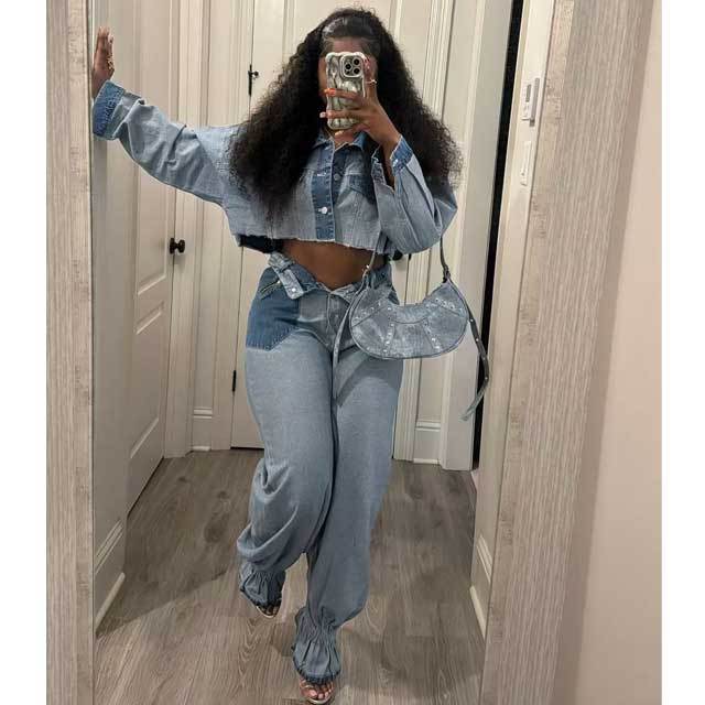 Color Block Denim Bell Pants Set