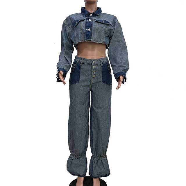 Color Block Denim Bell Pants Set