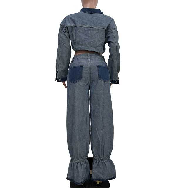 Color Block Denim Bell Pants Set