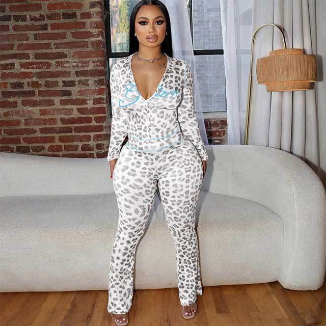 Leopard Print High Waist Tight Long Pants Suit