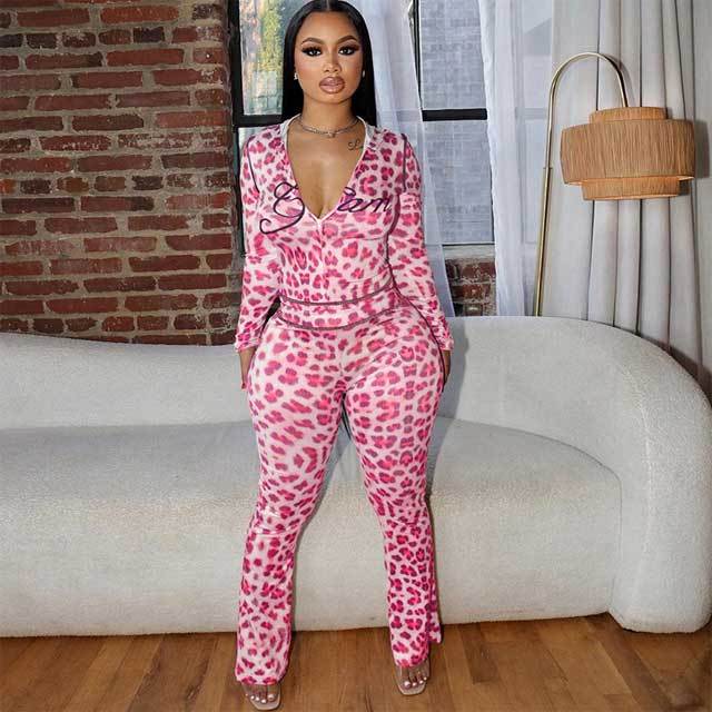 Leopard Print High Waist Tight Long Pants Suit