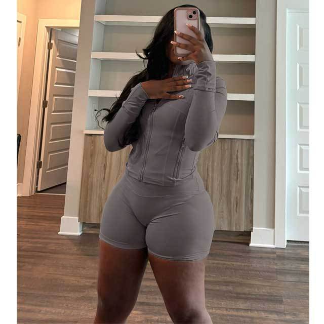 Basic Zipper Fitted Short Tracksuit Set