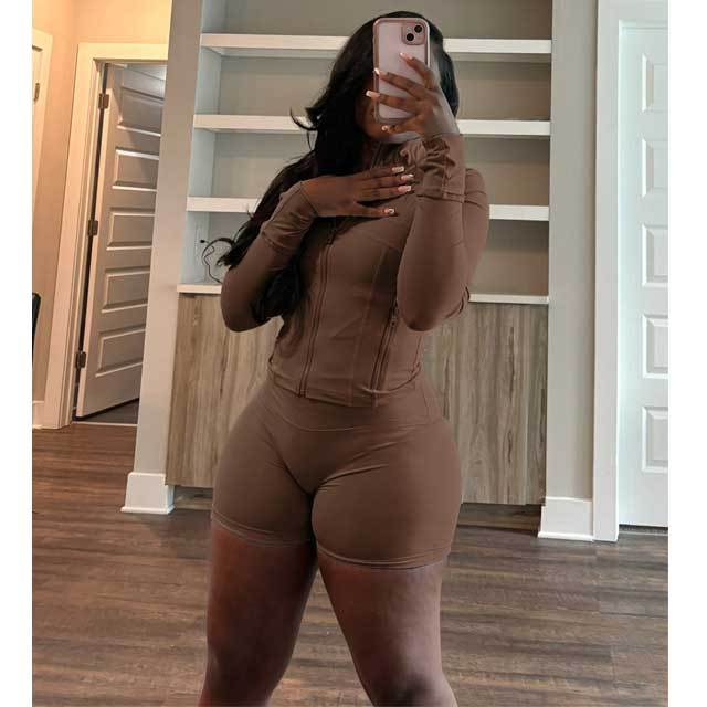 Basic Zipper Fitted Short Tracksuit Set