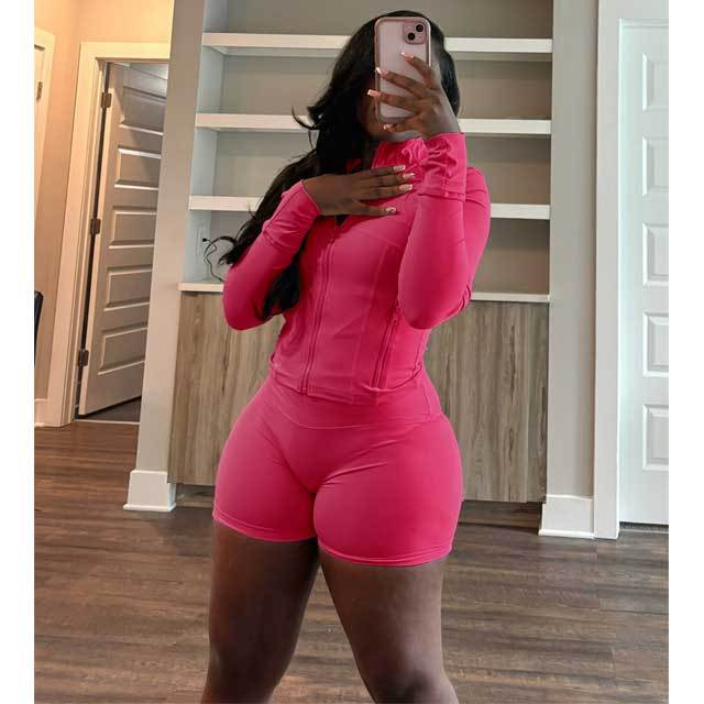 Basic Zipper Fitted Short Tracksuit Set