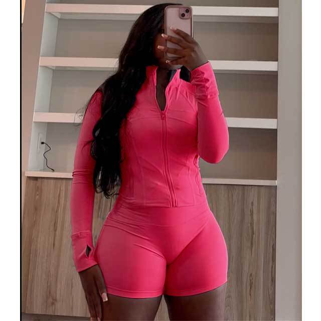 Basic Zipper Fitted Short Tracksuit Set