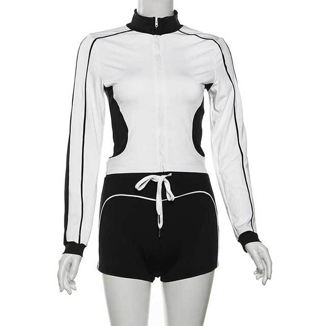 Color Block Jacket Top Fitness Short Set