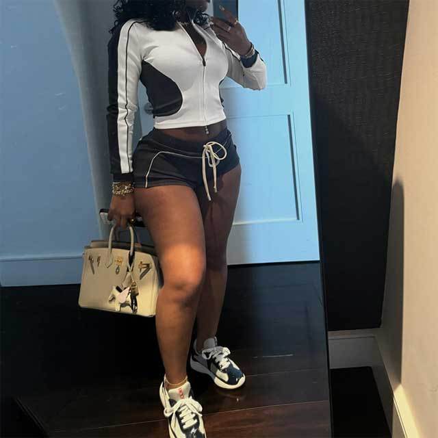 Color Block Jacket Top Fitness Short Set