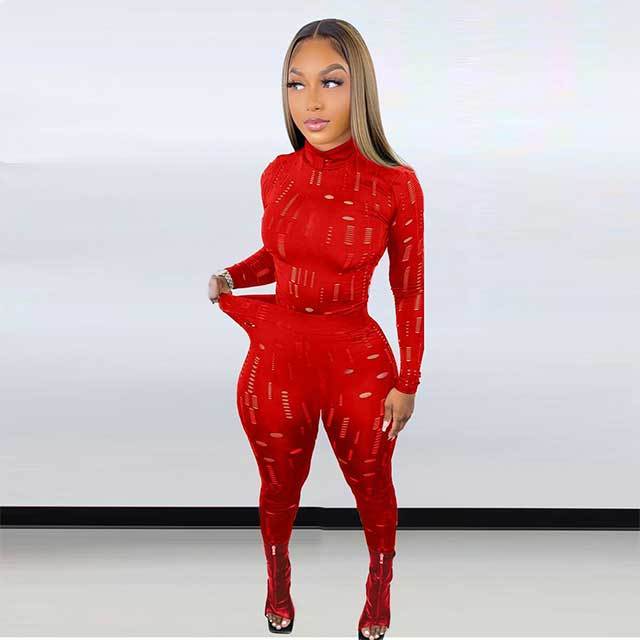 Hollow Out Long Sleeve Pant Set