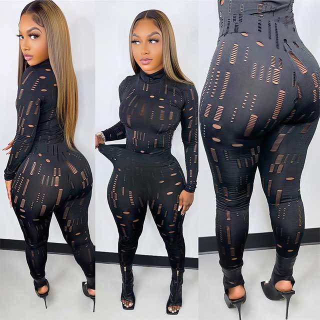 Hollow Out Long Sleeve Pant Set