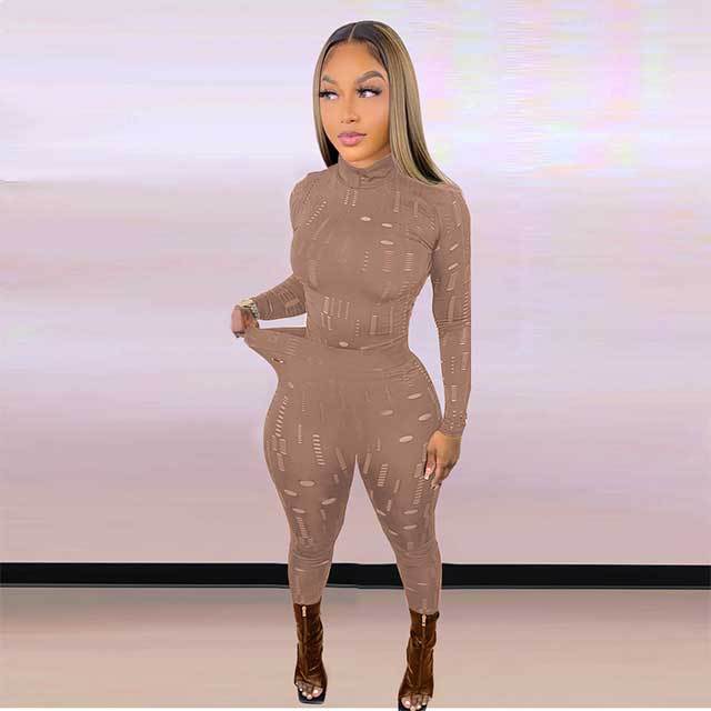 Hollow Out Long Sleeve Pant Set