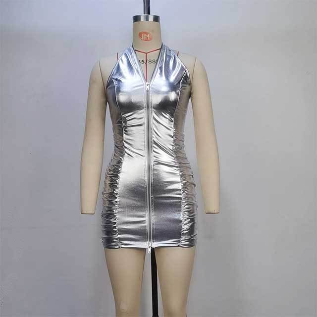 Zip Down Halter Neck Ruched Leather Dress