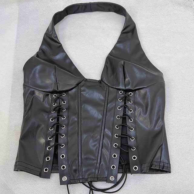 Halter Neck Laced Up Leather Top