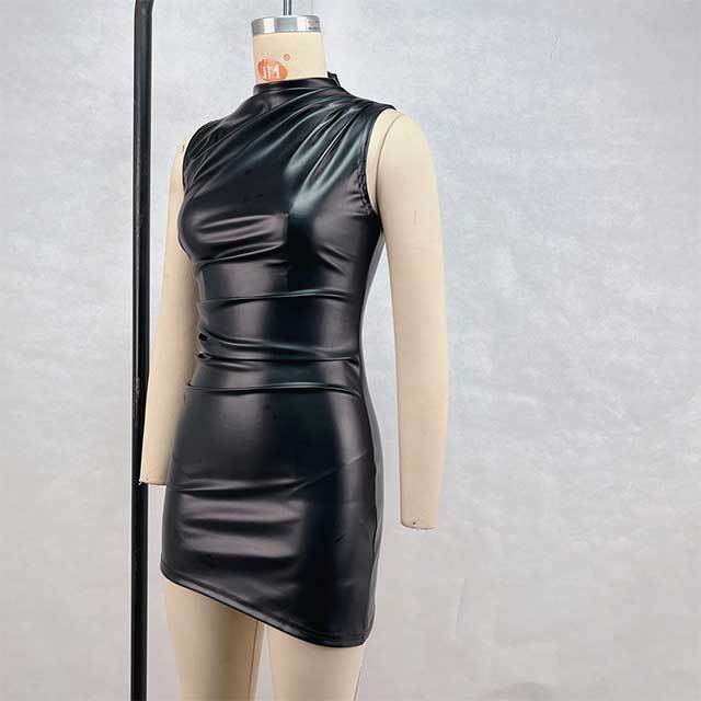 Sleeveless Ruched Leather  Bodycon Dress