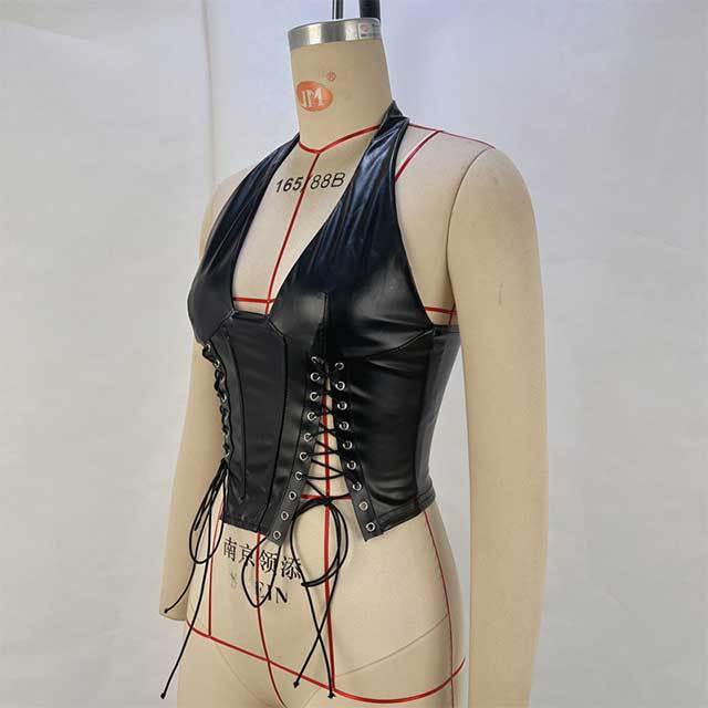 Halter Neck Laced Up Leather Top